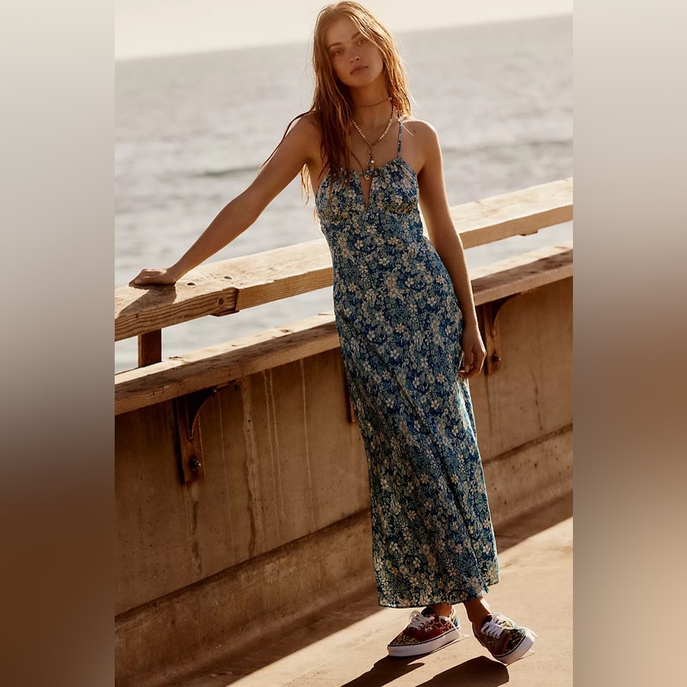 Free People Bon Voyage Floral Blue Halter Maxi Dress